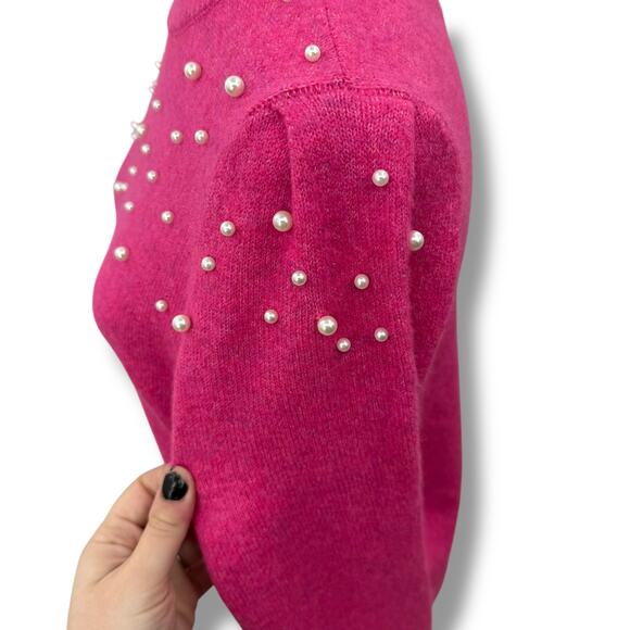 CeCe Hot Pink Sweater with pearls medium balloon sleeve Preppy Coquette Knit - Picture 8 of 13